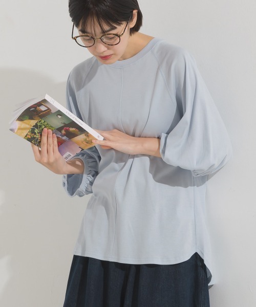 OMNES(オムネス)の「汗じみ防止UV 袖ボリューム半袖プルオーバーTシャツ(Tシャツ/カットソー・レディース・ホワイト/ベージュ/ブラック/サックスブルー・FREE)」の4枚目の写真