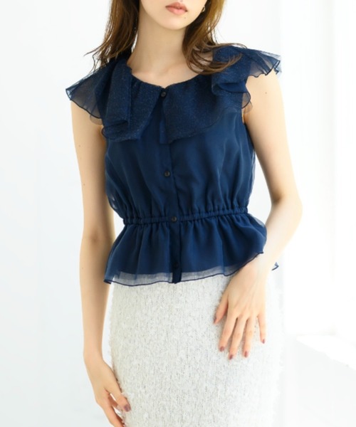MISCH MASCH(ミッシュマッシュ)の「ラメチュールフリルブラウス/MM428109(シャツ/ブラウス・レディース・ホワイト/ネイビー/ブルー・フリ-)」の2枚目の写真