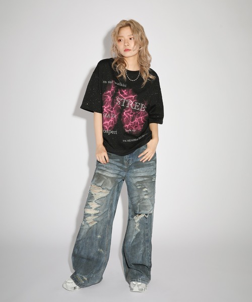 MSG(エムエスジー)の「ルーズシルエットマルチグラフィックヴィンテージ加工/ピグメント/ラメ半袖Tシャツ Y2K(Tシャツ/カットソー・メンズ・ブラック系1/ブラック系2/ブラック系3/ブラック系4・L/M/XL)」の12枚目の写真