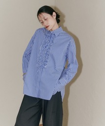 ストライプフリルロングシャツ -手洗い可-