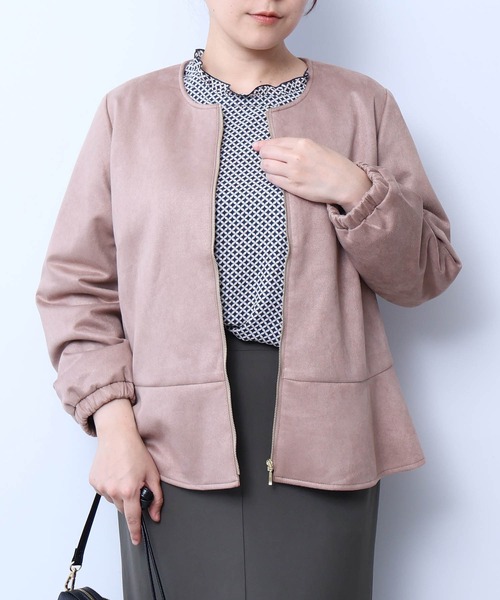 【セール】【L～5L 大きいサイズ】スェード調ノーカラー切替ジップブルゾン（ブルゾン）｜fleur by mint breeze（フルールバイミントブリーズ）