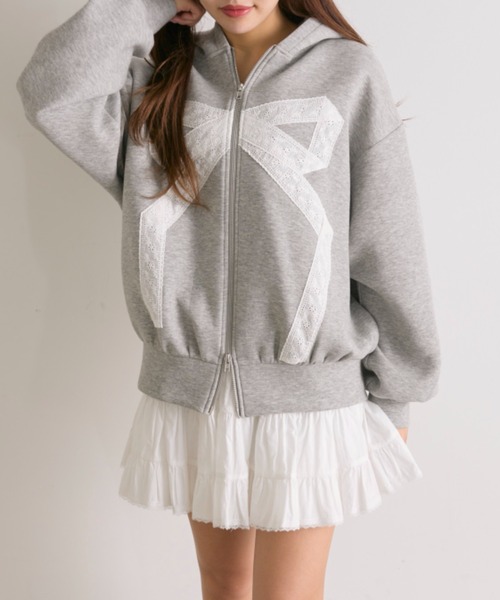 OLIVE des OLIVE(オリーブデオリーブ)の「リボンレースZIPパーカー(Tシャツ/カットソー・レディース・トップグレー/サックスブルー/オフホワイト・FREE)」の7枚目の写真