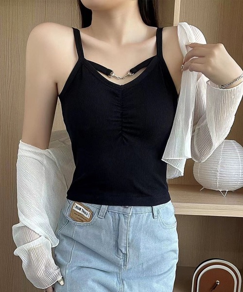 セール】ソリッドカラー フロント ギャザー Vネック キャミソール