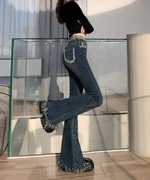 ヴィンテージ フリンジ ハイウェスト ストレッチ フレア デニムパンツ