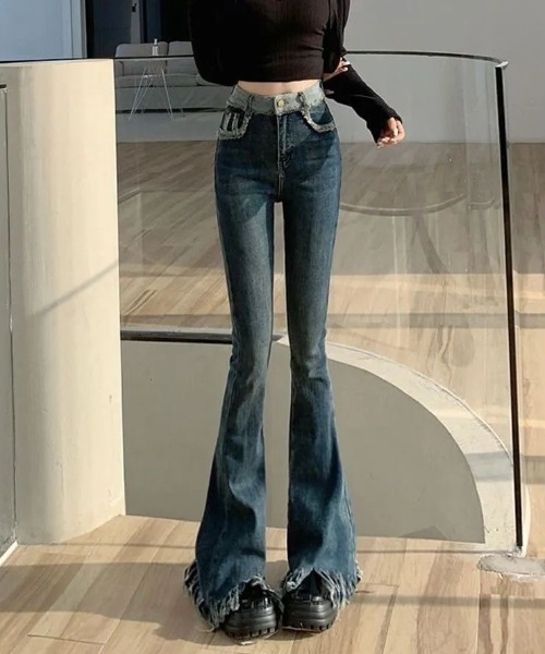 gossip!ロサンゼルス(ゴシップロサンゼルス)の「ヴィンテージ フリンジ ハイウェスト ストレッチ フレア デニムパンツ(デニムパンツ・レディース・ブラック/ブルー/ライトブルー・S/M/L/XL/XS)」の18枚目の写真