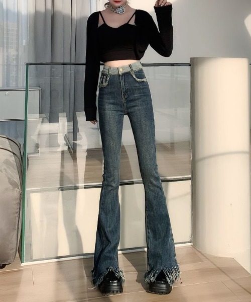 gossip!ロサンゼルス(ゴシップロサンゼルス)の「ヴィンテージ フリンジ ハイウェスト ストレッチ フレア デニムパンツ(デニムパンツ・レディース・ブラック/ブルー/ライトブルー・S/M/L/XL/XS)」の12枚目の写真