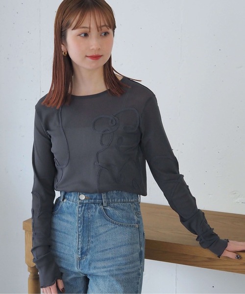 tiptop(ティップトップ)の「コード刺繍シアーロンT(Tシャツ/カットソー・レディース・ブラック/アイボリー/チャコールグレー・FREE)」の1枚目の写真