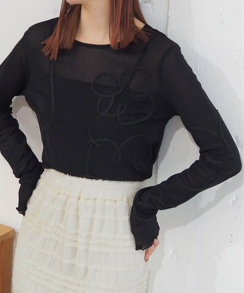 tiptop(ティップトップ)の「コード刺繍シアーロンT(Tシャツ/カットソー・レディース・ブラック/アイボリー/チャコールグレー・FREE)」の3枚目の写真