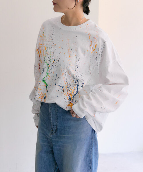 ear PAPILLONNER（イアパピヨネ）の「《綿100％》ペイントトップス/ロンT【SUM1 STYLE(スミスタイル)】（Tシャツ/カットソー・レディース・ブラック/ホワイト・FREE）」の5枚目の写真