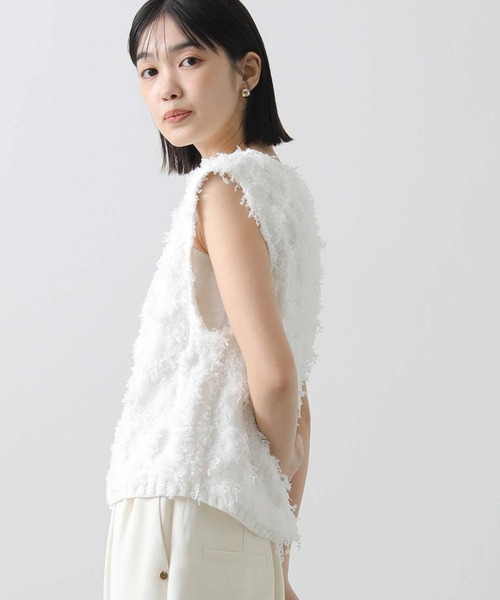 Gready Brilliant(グレディブリリアン)の「フリンジ編ボートネックベスト(ニット/セーター・レディース・ピンク/オフホワイト・FREE)」の8枚目の写真