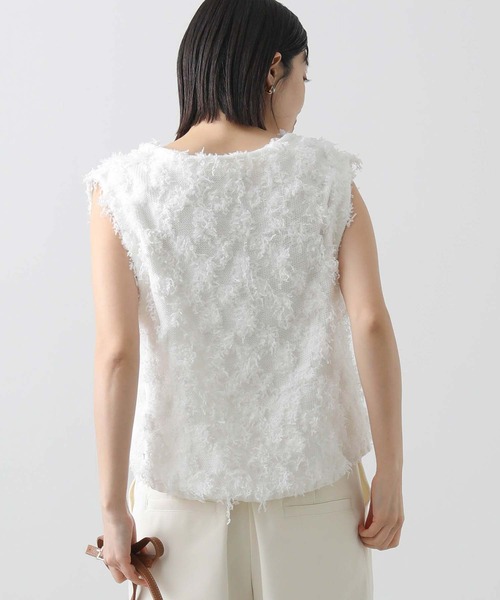 Gready Brilliant(グレディブリリアン)の「フリンジ編ボートネックベスト(ニット/セーター・レディース・ピンク/オフホワイト・FREE)」の9枚目の写真