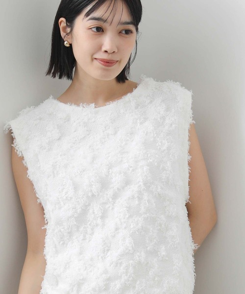 Gready Brilliant(グレディブリリアン)の「フリンジ編ボートネックベスト(ニット/セーター・レディース・ピンク/オフホワイト・FREE)」の11枚目の写真