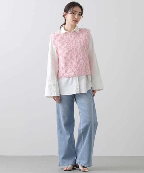 Gready Brilliant(グレディブリリアン)の「フリンジ編ボートネックベスト(ニット/セーター・レディース・ピンク/オフホワイト・FREE)」の16枚目の写真