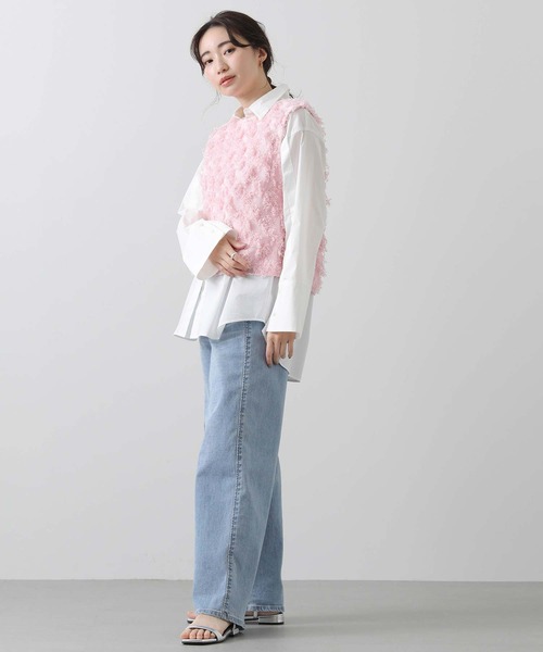 Gready Brilliant(グレディブリリアン)の「フリンジ編ボートネックベスト(ニット/セーター・レディース・ピンク/オフホワイト・FREE)」の17枚目の写真