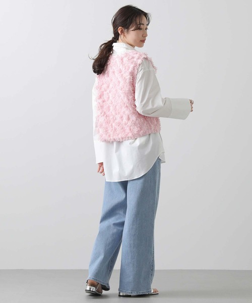 Gready Brilliant(グレディブリリアン)の「フリンジ編ボートネックベスト(ニット/セーター・レディース・ピンク/オフホワイト・FREE)」の18枚目の写真