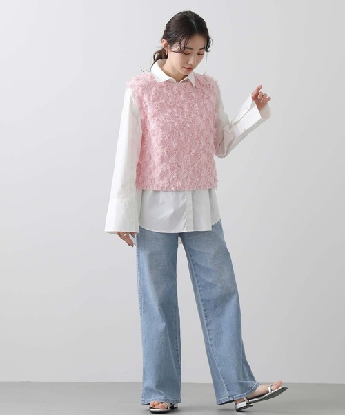 Gready Brilliant(グレディブリリアン)の「フリンジ編ボートネックベスト(ニット/セーター・レディース・ピンク/オフホワイト・FREE)」の19枚目の写真