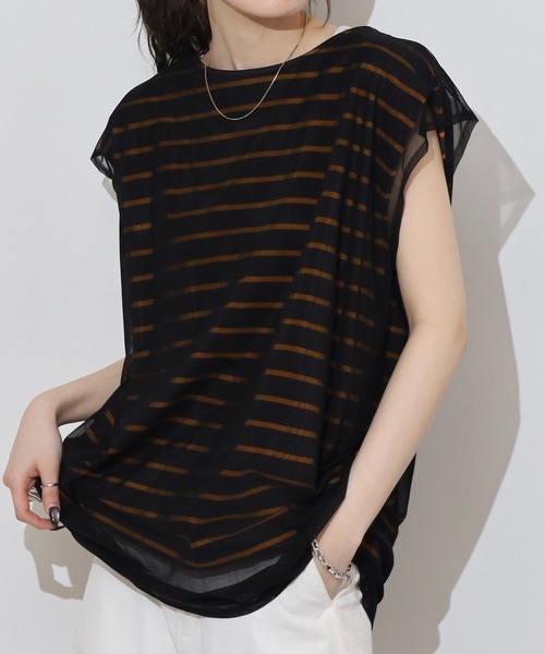 Arinomama（アリノママ）の「チュールレイヤードノースリボーダー（Tシャツ/カットソー・レディース・チャコールグレー/イエロー系その他/レッド系その他/グリーン系その他・FREE）」の6枚目の写真