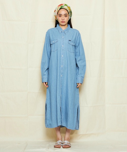 Lee(リー)の「Lee/リー DUNGAREES ワークデニムシャツドレス/ルーズシルエット/シャツワンピース/デニムワンピース/デニムシャツ(シャツワンピース・レディース・ブルー/ライトインディゴブルー・MEDIUM)」の16枚目の写真