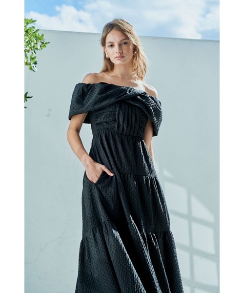 セール】Fiona Long Dress オフショルドットケープドレス（ワンピース