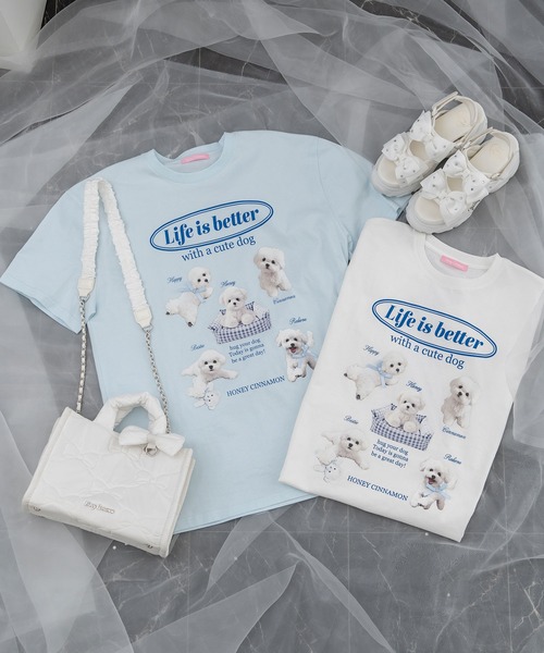 Honey Cinnamon(ハニーシナモン)の「white dog プリントTシャツ(Tシャツ/カットソー・レディース・サックスブルー/ホワイト・FREE)」の16枚目の写真