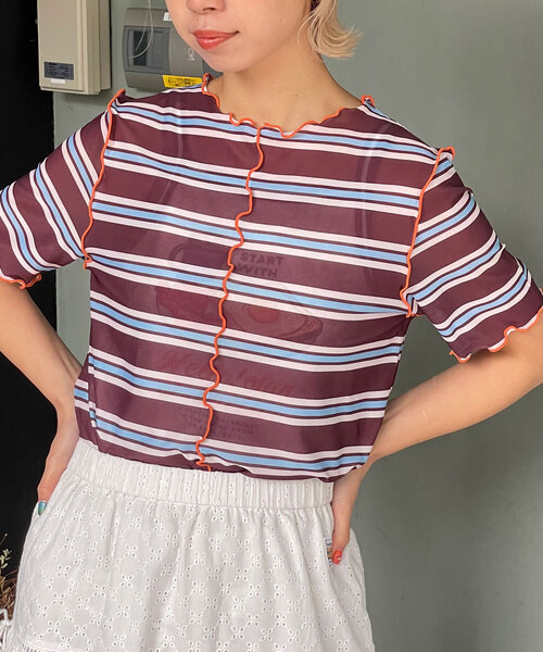 HELLO.SANFRANCISCO(ハローサンフランシスコ)の「【HELLO.SANFRANCISCO/ハローサンフランシスコ】マルチボーダーメロートップス(Tシャツ/カットソー・レディース・ブラウン/レッド/グリーン・ONE SIZE)」の1枚目の写真