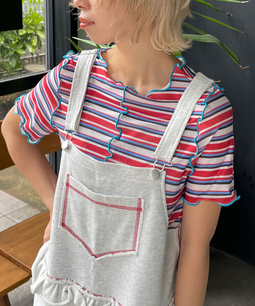 HELLO.SANFRANCISCO(ハローサンフランシスコ)の「【HELLO.SANFRANCISCO/ハローサンフランシスコ】マルチボーダーメロートップス(Tシャツ/カットソー・レディース・ブラウン/レッド/グリーン・ONE SIZE)」の3枚目の写真