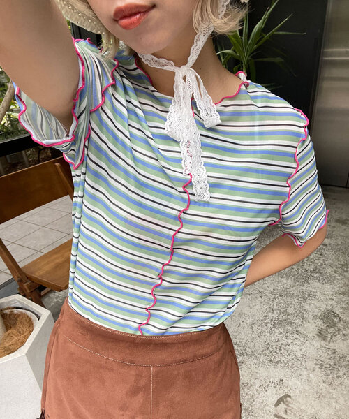HELLO.SANFRANCISCO(ハローサンフランシスコ)の「【HELLO.SANFRANCISCO/ハローサンフランシスコ】マルチボーダーメロートップス(Tシャツ/カットソー・レディース・ブラウン/レッド/グリーン・ONE SIZE)」の2枚目の写真