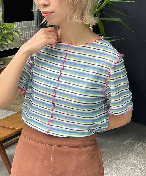 HELLO.SANFRANCISCO(ハローサンフランシスコ)の「【HELLO.SANFRANCISCO/ハローサンフランシスコ】マルチボーダーメロートップス(Tシャツ/カットソー・レディース・ブラウン/レッド/グリーン・ONE SIZE)」の4枚目の写真