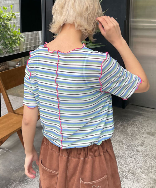 HELLO.SANFRANCISCO(ハローサンフランシスコ)の「【HELLO.SANFRANCISCO/ハローサンフランシスコ】マルチボーダーメロートップス(Tシャツ/カットソー・レディース・ブラウン/レッド/グリーン・ONE SIZE)」の6枚目の写真