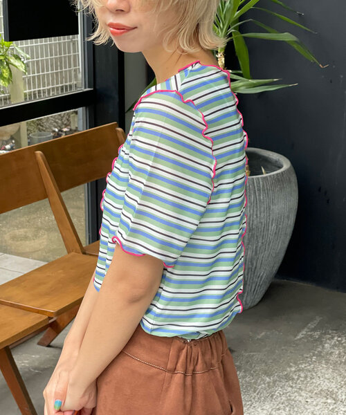 HELLO.SANFRANCISCO(ハローサンフランシスコ)の「【HELLO.SANFRANCISCO/ハローサンフランシスコ】マルチボーダーメロートップス(Tシャツ/カットソー・レディース・ブラウン/レッド/グリーン・ONE SIZE)」の7枚目の写真