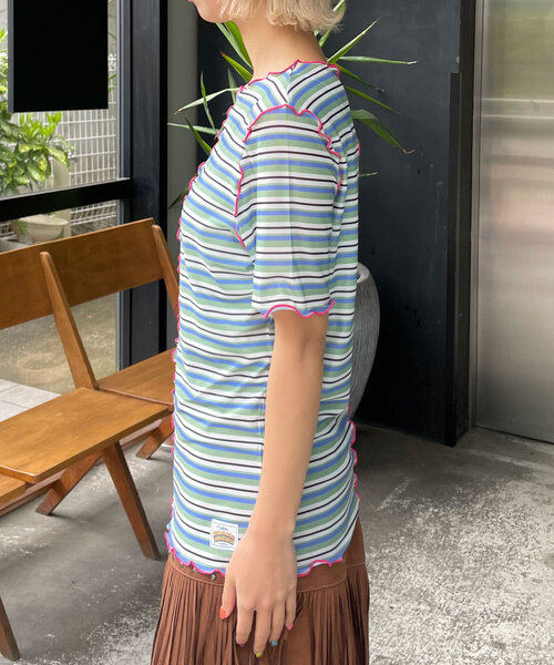 HELLO.SANFRANCISCO(ハローサンフランシスコ)の「【HELLO.SANFRANCISCO/ハローサンフランシスコ】マルチボーダーメロートップス(Tシャツ/カットソー・レディース・ブラウン/レッド/グリーン・ONE SIZE)」の12枚目の写真