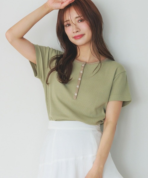 mysty woman（ミスティウーマン）の「［追加1］【WEB限定】無地＆ボーダー/ヘンリーネック半袖Tシャツ  499729（Tシャツ/カットソー・レディース・ブラック/ネイビー/ブラウン/グレー/オフホワイト/カーキ/ピンク/ホワイト系その他・FREE）」の15枚目の写真