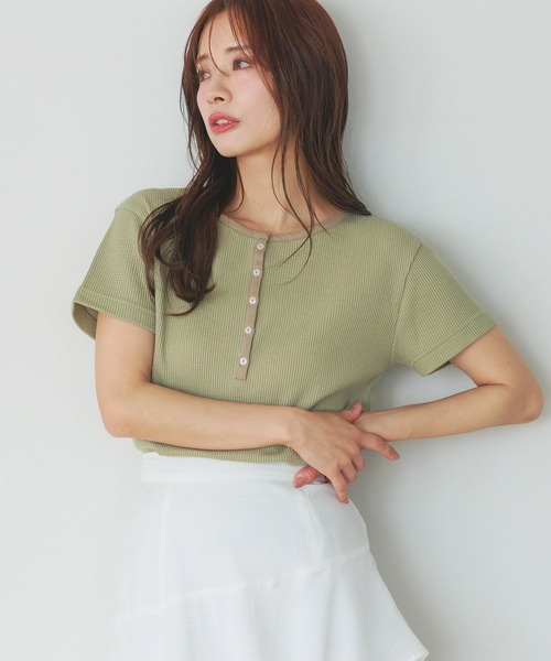 mysty woman（ミスティウーマン）の「［追加1］【WEB限定】無地＆ボーダー/ヘンリーネック半袖Tシャツ  499729（Tシャツ/カットソー・レディース・ブラック/ネイビー/ブラウン/グレー/オフホワイト/カーキ/ピンク/ホワイト系その他・FREE）」の14枚目の写真