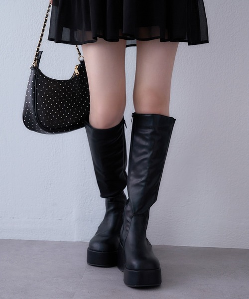 セール】【マイナス3キロ見え】サイドゴアボリュームソールロング