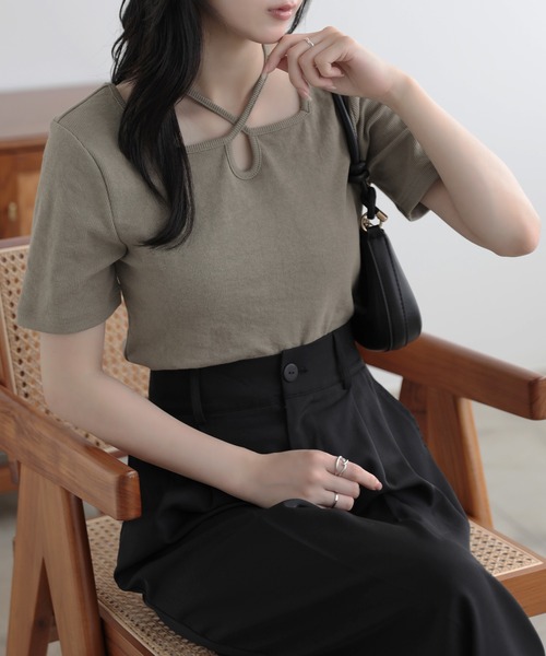 SUNFLOWER EIGHT（サンフラワーエイト）の「クロスデザインカットソー（Tシャツ/カットソー・レディース・ホワイト/ピンク/ブラック/カーキ・S/M/L）」の15枚目の写真