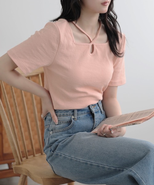 SUNFLOWER EIGHT（サンフラワーエイト）の「クロスデザインカットソー（Tシャツ/カットソー・レディース・ホワイト/ピンク/ブラック/カーキ・S/M/L）」の19枚目の写真