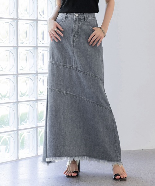 JaneMarple スカート グレー デニム セール】レディース 程よいくびれライン。斜め切り替え×フリンジデニム