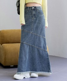 DAY CLOSET | レディース 程よいくびれライン。斜め切り替え×フリンジデニムマーメイドスカート ［大きいサイズ有］(デニムスカート)