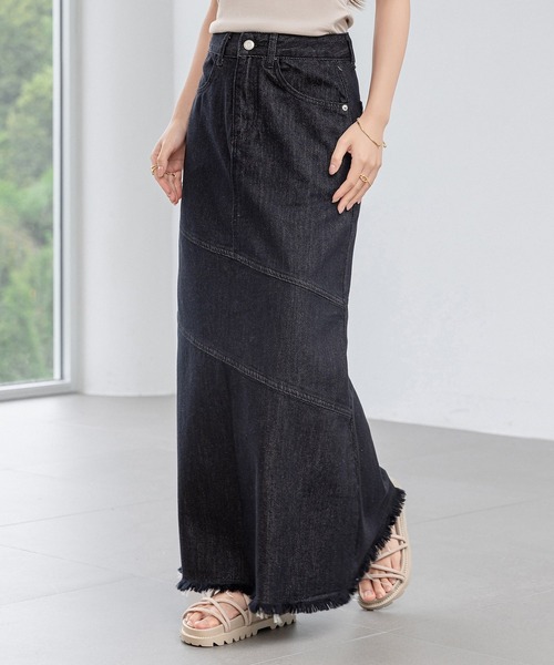 DAY CLOSET（デイ クローゼット）の「【大きいサイズ有】程よいくびれライン。斜め切り替え×フリンジデニムマーメイドスカート  レディース（デニムスカート・レディース・ライトブルー/ブルー/グレー/ブラック・S/M/L/XL）」の2枚目の写真