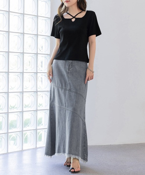 DAY CLOSET（デイ クローゼット）の「【大きいサイズ有】程よいくびれライン。斜め切り替え×フリンジデニムマーメイドスカート  レディース（デニムスカート・レディース・ライトブルー/ブルー/グレー/ブラック・S/M/L/XL）」の11枚目の写真