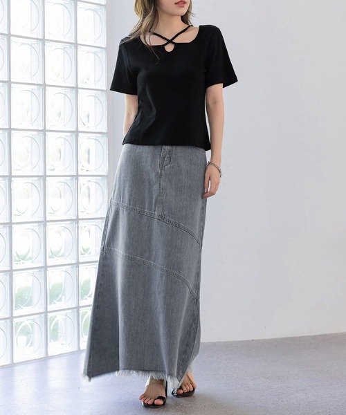 DAY CLOSET（デイ クローゼット）の「【大きいサイズ有】程よいくびれライン。斜め切り替え×フリンジデニムマーメイドスカート  レディース（デニムスカート・レディース・ライトブルー/ブルー/グレー/ブラック・S/M/L/XL）」の12枚目の写真