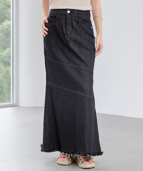 DAY CLOSET（デイ クローゼット）の「【大きいサイズ有】程よいくびれライン。斜め切り替え×フリンジデニムマーメイドスカート  レディース（デニムスカート・レディース・ライトブルー/ブルー/グレー/ブラック・S/M/L/XL）」の5枚目の写真