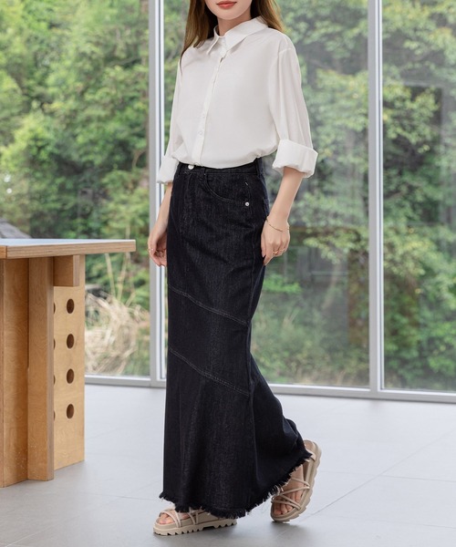 DAY CLOSET（デイ クローゼット）の「【大きいサイズ有】程よいくびれライン。斜め切り替え×フリンジデニムマーメイドスカート  レディース（デニムスカート・レディース・ライトブルー/ブルー/グレー/ブラック・S/M/L/XL）」の7枚目の写真