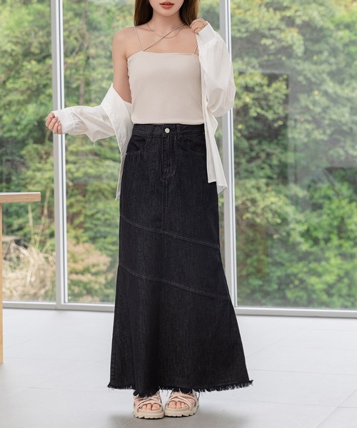 DAY CLOSET（デイ クローゼット）の「【大きいサイズ有】程よいくびれライン。斜め切り替え×フリンジデニムマーメイドスカート  レディース（デニムスカート・レディース・ライトブルー/ブルー/グレー/ブラック・S/M/L/XL）」の8枚目の写真