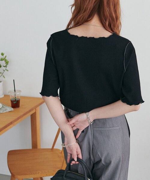 DISCOAT(ディスコート)の「配色リブメロー5分袖《WEB限定カラーあり》(Tシャツ/カットソー・レディース・ブラック系その他/ホワイト系その他2/オフホワイト/ホワイト系その他/アイボリー/ブラック/グレイッシュベージュ/グレー系その他・FREE)」の9枚目の写真