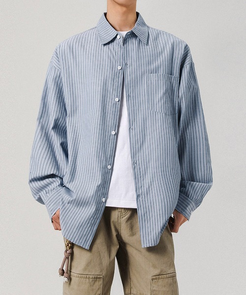 TOBEE(トゥビー)の「【TOBEE】ルーズフィット ピンストライプ レギュラーシャツ(シャツ/ブラウス・メンズ・ブルー・MEDIUM/LARGE/X-LARGE/SMALL)」の5枚目の写真