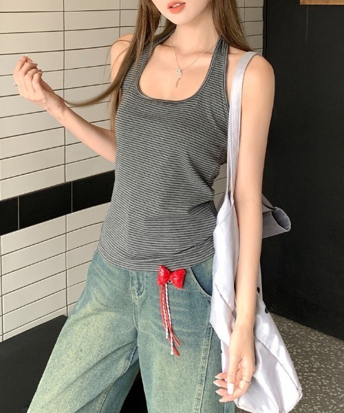 SHEPP(シープ)の「ホルターネック ボーダータンクトップ(タンクトップ・レディース・ブラック・M)」の8枚目の写真