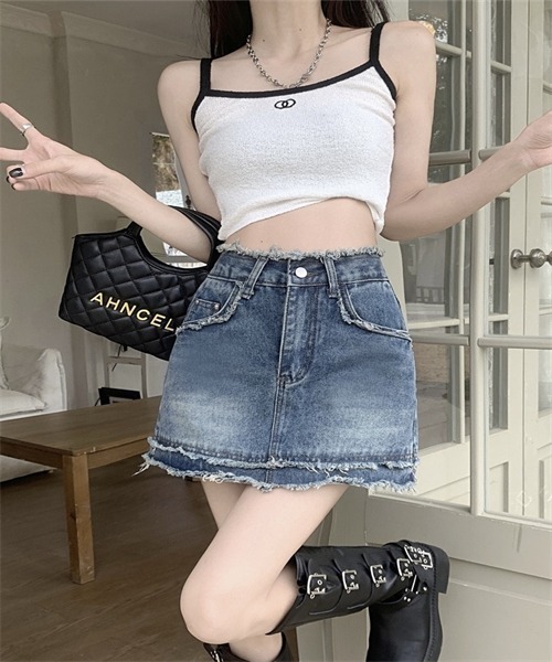 FREE STYLISTS(フリー スタイリスト)の「フリンジザインデニムミニスカート(デニムスカート・レディース・ブルー/ブラック・S/XS/M)」の5枚目の写真