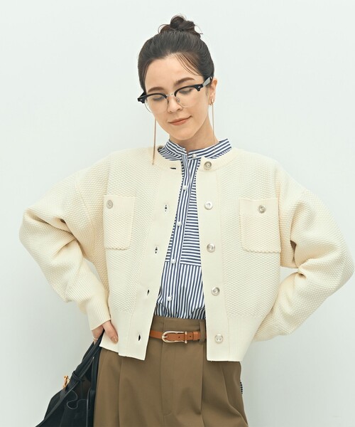 セール】《手洗い可能》鹿の子編みクルーネックカーディガン