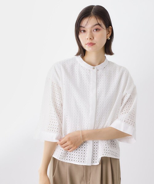 THE SHOP TK （ザ ショップ ティーケー ）の「5分袖レース刺繍コットンシャツ（シャツ/ブラウス・レディース・オフホワイト/ブラック・12/13）」の5枚目の写真